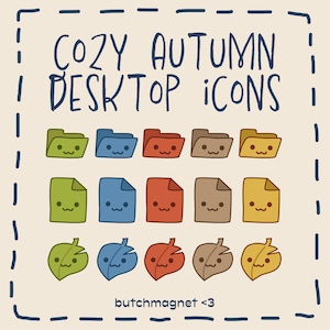 May include: A set of 12 cute folder icons in various autumnal colors, including green, blue, red, brown, and yellow. The icons are designed to look like cartoon folders with smiling faces. The text "COZY AUTUMN DESKTOP ICONS" is at the top of the image, and the text "butchmagnet <3" is at the bottom.