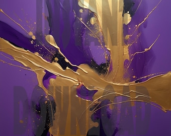 May include: Abstract painting with a purple background and gold paint splatters. The gold paint is thick and textured, creating a dynamic and energetic composition.