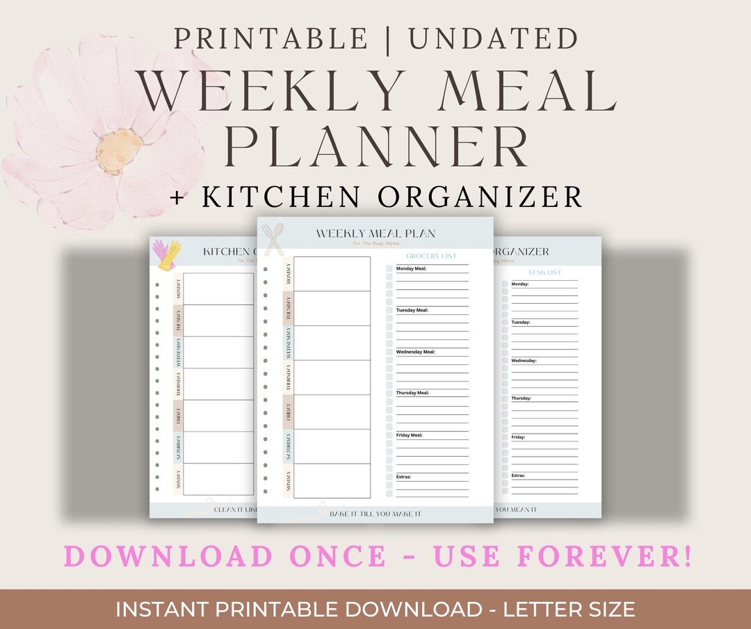 Printable Weekly Meal Planner With Grocery List / Kitchen Organization ...