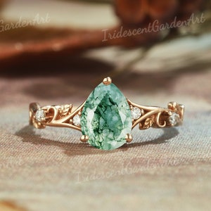 Natural Green Moss Agate Engagement Ring Nature Inspired Leaf Ring Rose Gold Diamond Wedding Rings for Women Personalized Gift for Her