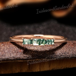 Baguette geschnitten Moosachat Ehering Rosegold Moosachat drei Stein Ring stapelbar Passende Ringe für Frauen personalisierte Geschenk für sie