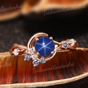 Dainty Star Sapphire Ring Moon Blue Sapphire Engagement Ring Unique Solid Gold Wedding Bridal Rings for Women Art Deco Handmade Gift for Her