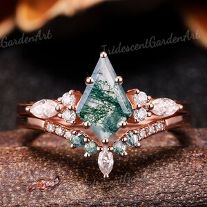 Vintage Kite Moss Agate Engagement Ring Set Solid Gold Moissanite Cluster Rings for Women Unique Rose Gold Wedding Ring Set Anniversary Gift