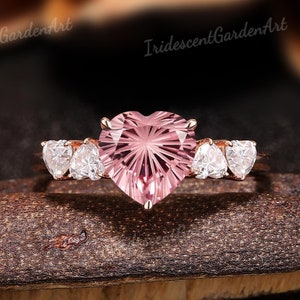 Heart Fireworks Pink Sapphire Engagement Ring Rose Gold Moissanite Wedding Ring Padparadscha Sapphire Jewelry Valentines Day Gift for Her
