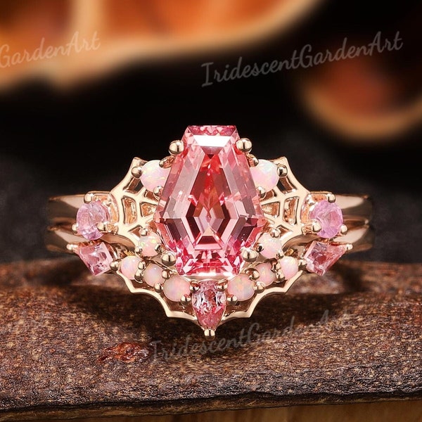 Spider Web Coffin Pink Sapphire Engagement Ring Set Rose Gold Opal Gothic Wedding Rings for Women Pink Gemstone Personalized Gift For Her
