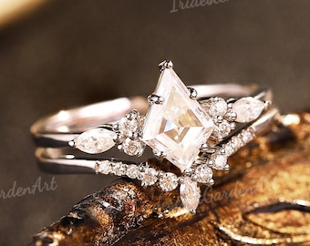 Unique Kite Moissanite Engagement Ring Set Vintage Marquise Shaped Moissanite Wedding Band 2pcs Rose Gold Bridal Set Promise Rings For Women