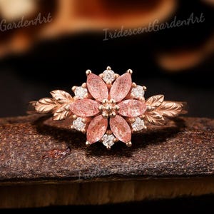 Flower Rose Quartz Engagement Ring Nature Inspired Leaf Ring Gold Diamond Cluster Wedding Ring Anniversary Gift For Her Handmade Jewelry