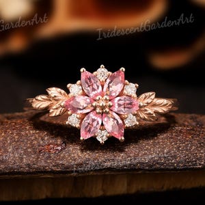 Pink Sapphire Engagement Ring Nature Inspired Leaf Ring Flower Pink Gemstone Petal Ring Rose Gold Diamond Cluster Wedding Rings For Women
