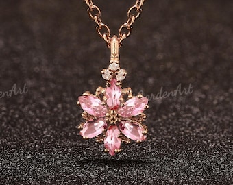 Rose Gold Flower Pink Sapphire Pendant Necklace, Nature Inspired Floral Jewelry