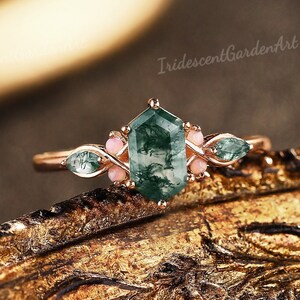 Vintage Moss Agate Opal Engagement Ring Unique Hexagon Rose Gold Wedding Rings for Women Promise Anniversary Gift for Her Handmade Jewelry image 8