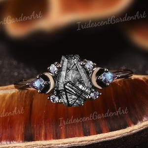 Coffin Shaped Black Rutilated Quartz Engagement Ring Gothic Black Gold Alexandrite Wedding Rings for Women Best Gifts for Her Withcy Jewelry