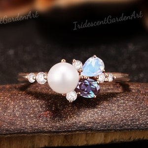 Anillo de compromiso de perla Akoya, anillo de piedra lunar de alejandrita, anillos de boda de oro con moissanita, anillo de piedra natal de junio, joyería de perlas.