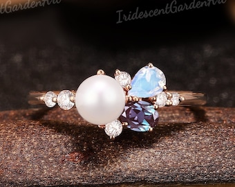 Akoya Pearl Engagement Ring Alexandrite Moonstone Ring Gold Moissanite Cluster Wedding Rings for Women June Birthstone Ring Pearl Jewelry