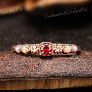 Vintage Ruby Wedding Band Rainbow Opal Ring Milgrain Rose Gold Pearl Ring Stackable Matching Rings July Birthstone Ring Red Ruby Jewelry