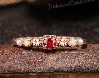 Vintage Ruby Wedding Band, Rose Gold Opal Pearl Ring