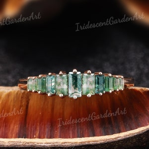 Baguette Cut Moss Agate Ring Solid Gold Natural Green Moss Agate Wedding Bands Women Unique Half Eternity Ring Handmade Personalized Gift