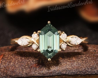 Vintage Green Sapphire Engagement Ring Solid Gold Moissanite Wedding Rings for Women September Birthstone Ring Green Sapphire Jewelry