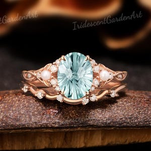 Feuerwerk Schliff hellgrün Saphir Verlobungsring Set Zierliche Perle Moissanite Ehering Set Grüner Edelstein Ring Jahrestag Geschenk für sie