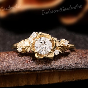 Nature Inspired Flower Ring Moissanite Engagement Ring Leaf Floral Ring Solid Gold Diamond Cluster Wedding Rings For Women Anniversary Gift