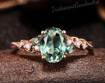 Unique Green Sapphire Engagement Ring Vintage Moissanite Wedding Rings for Women Anniversary Green Gemstone Ring Sapphire Handmade Jewelry