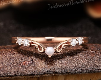 Dainty Pearl Wedding Band Rose Gold Diamond Curved Wedding Bands Women Stacking Matching Rings Promise Anniversary Handmade Pearl Jewelry