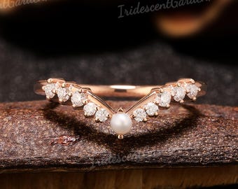 Vintage Pearl Wedding Band Rose Gold Moissanite Stackable Matching Rings For Women Curved Diamond Ring Custom Personalized Jewelry