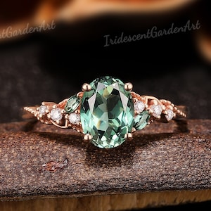 Unique Green Sapphire Engagement Ring Vintage Moissanite Wedding Rings for Women Anniversary Green Gemstone Ring Sapphire Handmade Jewelry