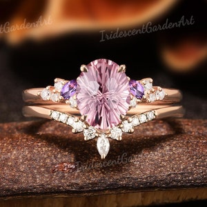 Fireworks Cut Pink Sapphire Engagement Ring Set Amethyst Ring Gold Moissanite Wedding Ring Set Starbrite Sapphire Jewelry Best Gifts for Her