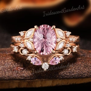 Fireworks Cut Pink Sapphire Engagement Ring Set Rose Gold Moissanite Wedding Ring Set September Birthstone Ring Handmade Best Gifts for Her