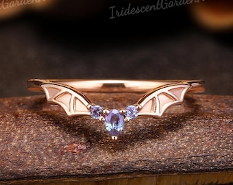 Vampire Alexandrite Stackable Rings for Women Gothic Bat Wings Ring Rose Gold Alexandrite Curved Wedding Band Anniversary Best Gifts for Her