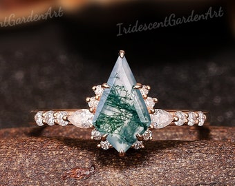 Kite Moss Agate Engagement Ring Moissanite Cluster Gold Wedding Rings for Women Natural Green Moss Agate Ring Promise Anniversary Gift