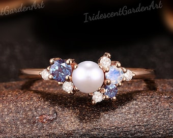 Akoya Pearl Engagement Ring Alexandrite Ring Gold Moonstone Moissanite Cluster Wedding Rings for Women Mothers Pearl Ring Gift for Her