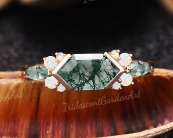 Vintage Natural Moss Agate Opal Engagement Ring Unique Hexagon Wedding Ring Flora Rings for Women Custom Gold Rings Anniversary Gift for Her