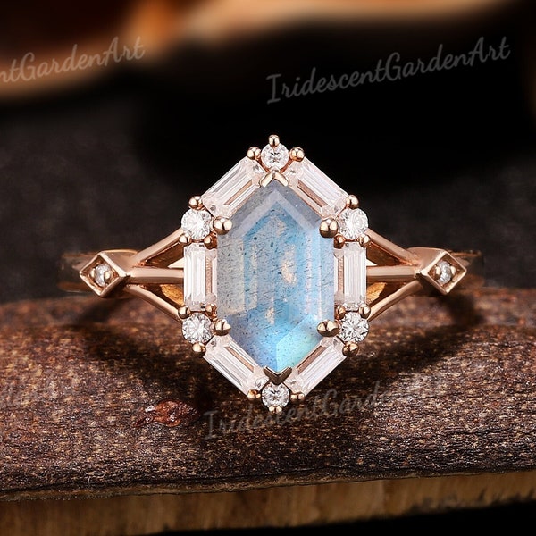 Unique Hexagon Labradorite Engagement Ring Baguette Moissnaite Halo Wedding Ring Rose Gold Rings for Women Blue Gemstone Handmade Jewelry
