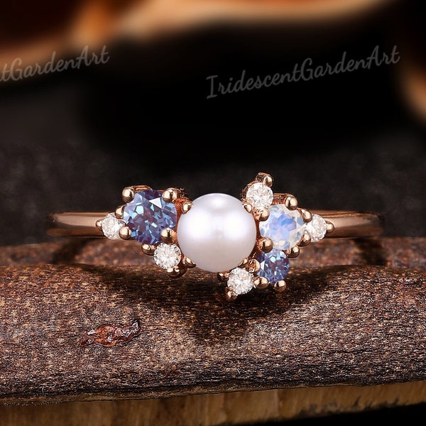Akoya Pearl Engagement Ring Diamond Gold Ring Alexandrite Moonstone Cluster Wedding Rings for Women Anniversary Gifts for Mom Pearl Jewelry