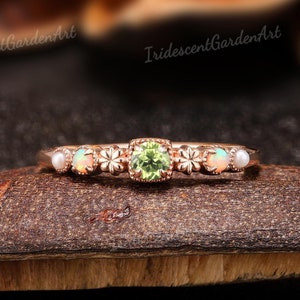 Dainty Peridot Wedding Band Natural Opal Ring Rose Gold Pearl Ring August Birthstone Ring Peridot Jewelry Stackable Matching Rings for Women