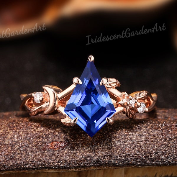 Kite Sapphire Engagement Ring Moissanite Wedding Rings for Women Moon Star Leaf Ring Gemstone Anniversary Gift for Her Sapphire Jewelry