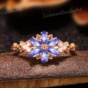 Tanzanite Engagement Ring Nature Inspire Flower Ring Gold Moissanite Wedding Ring Petal Purple Gemstone Ring December Birhtstone Jewelry