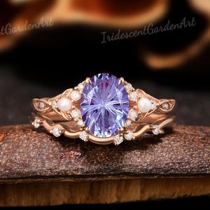 Fireworks Cut Alexandrite Engagement Ring Set Leaf Pearl Moissanite Cluster Wedding Ring Set Unique Wedding Band June Birthstone Jewelry