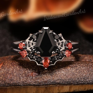 Spider Web Coffin Black Onyx Gothic Engagement Ring Set Black Gold Bat Garnet Wedding Ring Set for Women Poison Witchy Halloween Jewelry