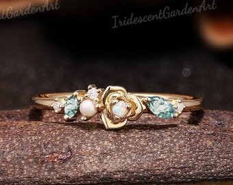 Dainty Opal Ring Gold Pearl Ring Nature Inspired Flower Ring Moss Agate Moissanite Wedding Bands Women Anniversary Graduation Gift for Her