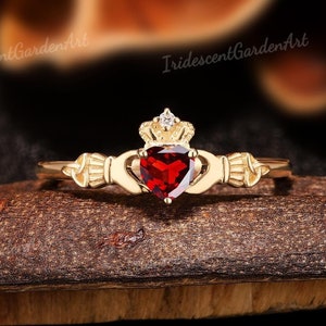 Heart Red Garnet Claddagh Engagement Ring Irish Crown Promise Ring Solid Gold Celtic Knot Rings for Women Promise Anniversary Gift for Her