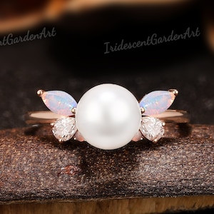 Akoya Pearl Engagement Ring Dainty Opal Ring Solid Gold Moissanite Wedding Rings for Women Mother of Pearl Jewelry Promise Anniversary Gift