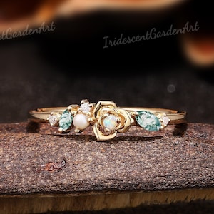 Delicado anel de opala ouro pérola anel natureza inspirado flor anel musgo ágata moissanite alianças de casamento feminino aniversário formatura presente para ela