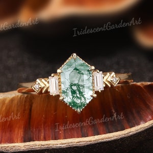 Hexagon Moss Agate Engagement Ring Solid Gold Moissanite Wedding Rings for Women Natural Green Moss Agate Ring Personalized Gift for Her