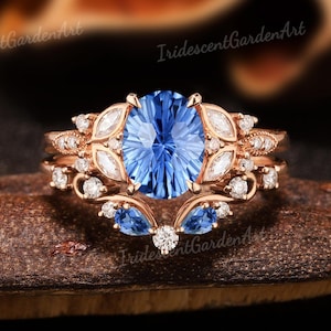 Fireworks Cut Cornflower Blue Sapphire Engagement Ring Set Solid Gold Moissanite Wedding Rings for Women Best Gifts for Her Sapphire Jewelry