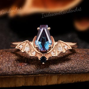 Coffin Alexandrite Gothic Engagement Ring Vampire Bat Wings Ring Unique Black Onyx Moissanite Wedding Ring June Birthstone Witchy Jewelry