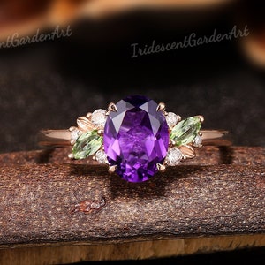 Dainty Amethyst Engagement Ring Peridot Diamond Cluster Wedding Rings for Women Gold Moissanite Leaf Ring Birthstone Personalized Jewelry