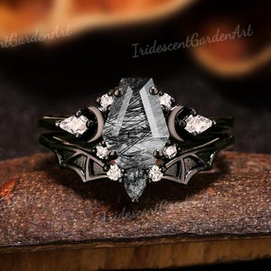 Coffin Shaped Black Rutilated Quartz Engagement Ring Set Black Gold Gothic Vampire Ring Moissanite Cluster Ring Bat Wings Witchy Jewelry