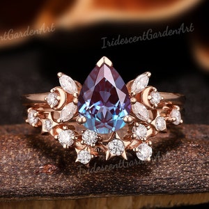 Unique Alexandrite Engagement Ring Set Dainty Gold Moissanite Wedding Rings Women Moon Star June Birthstone Ring Anniversary Gift for Her